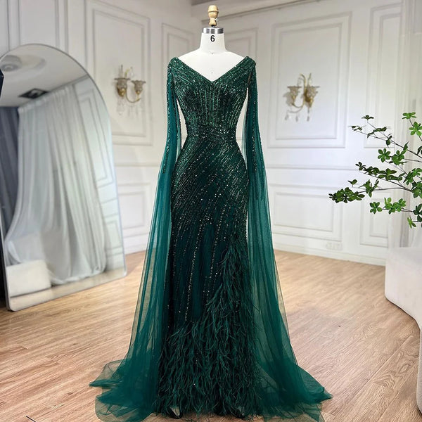 Luxury Black High Split Beaded Feathers Evening Dress with Cape Sleeves LA72216