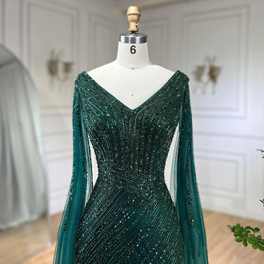 Luxury Black High Split Beaded Feathers Evening Dress with Cape Sleeves LA72216 - SERENE HILL