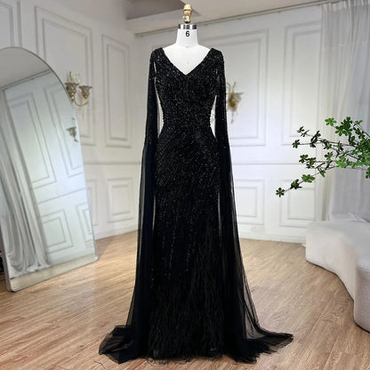 Luxury Black High Split Beaded Feathers Evening Dress with Cape Sleeves LA72216 - SERENE HILL