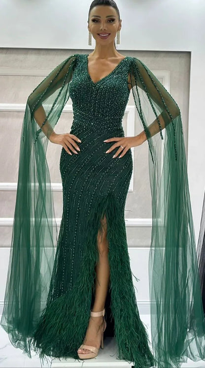Luxury Black High Split Beaded Feathers Evening Dress with Cape Sleeves LA72216 - SERENE HILL