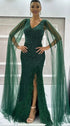 Luxury Black High Split Beaded Feathers Evening Dress with Cape Sleeves LA72216 - SERENE HILL