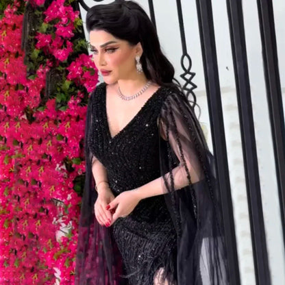Luxury Black High Split Beaded Feathers Evening Dress with Cape Sleeves LA72216 - SERENE HILL