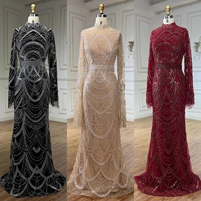 Serene Hill Black Muslim Luxury Beaded Elegant Mermaid Dubai Evening Dresses Gowns for Woman Wedding Party 2025 LA72512 - SERENE HILL