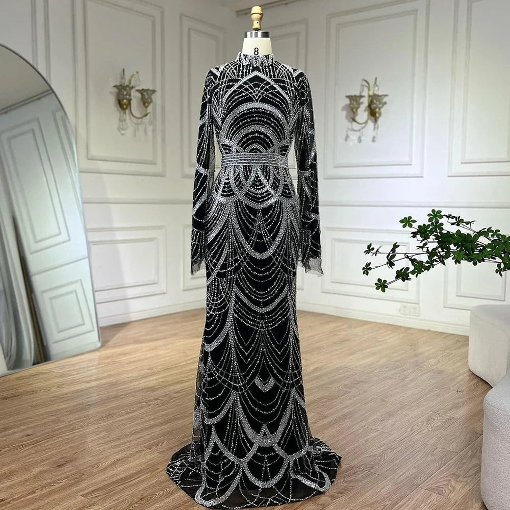 Serene Hill Black Muslim Luxury Beaded Elegant Mermaid Dubai Evening Dresses Gowns for Woman Wedding Party 2025 LA72512 - SERENE HILL