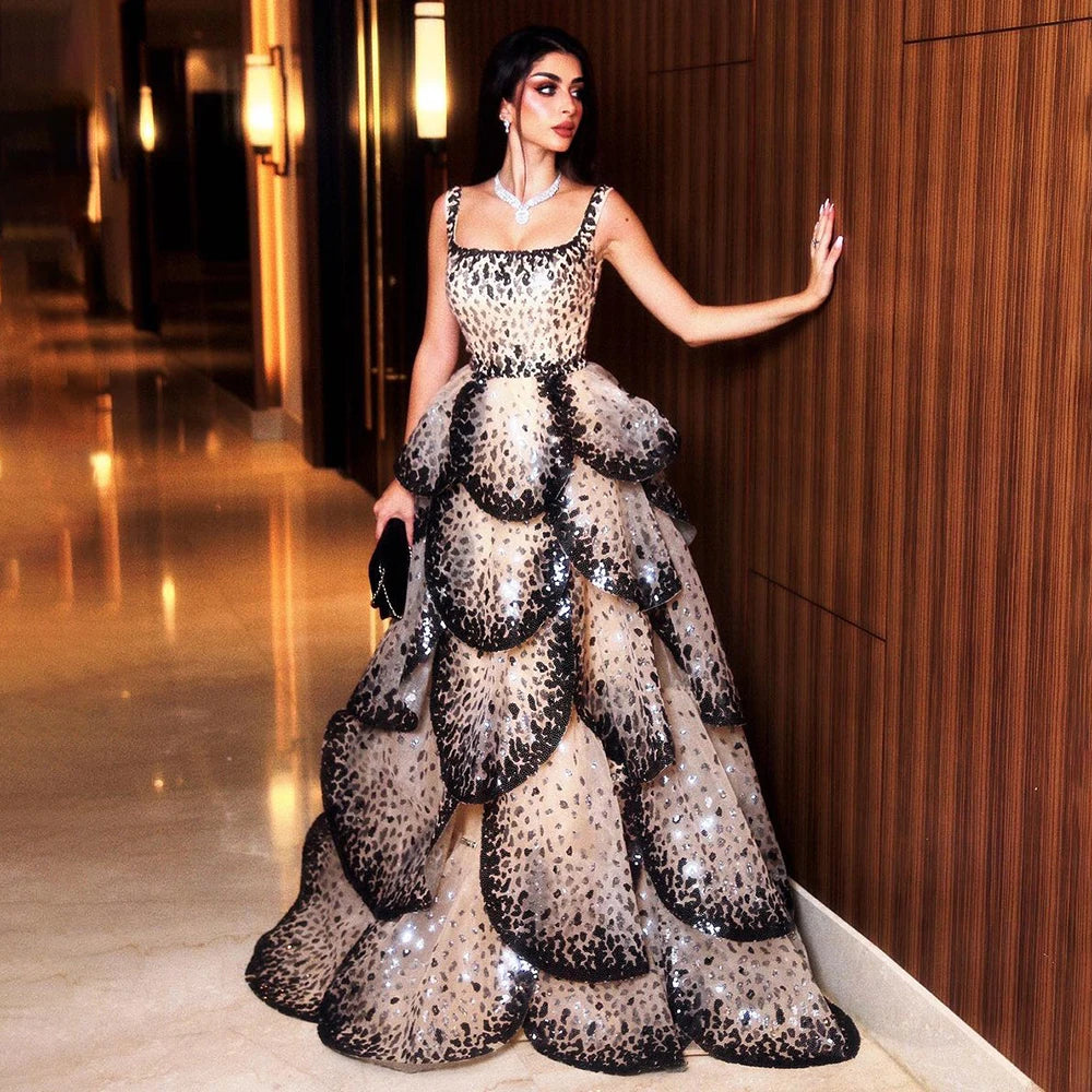 designer sparkly dresses Designer Sparkly Sequin Tiered Ruffles Ball Gown Evening Dress LA72505 Black / 16