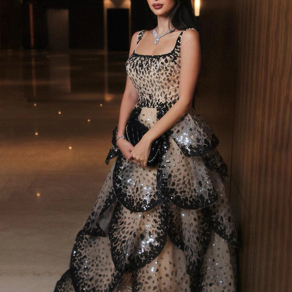Designer Sparkly Sequin Tiered Ruffles Ball Gown Evening Dress LA72505 Black nude / 8