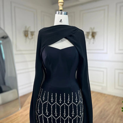 Bling Black Arabic Mermaid Evening Dress with Cape Feather LA72410 - SERENE HILL