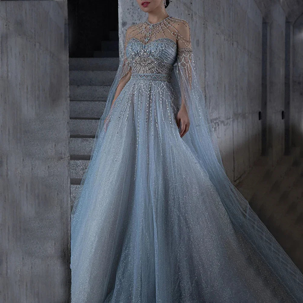 Serene Hill Blue A-Line Arabic Cape Sleeves O-Neck Bow Beaded Luxury Evening Dresses Gowns 2025 For Women Party LA71831 - SERENE HILL