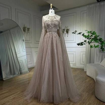 Serene Hill Blue A-Line Arabic Cape Sleeves O-Neck Bow Beaded Luxury Evening Dresses Gowns 2025 For Women Party LA71831 - SERENE HILL