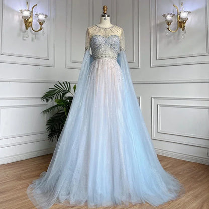 Serene Hill Blue A-Line Arabic Cape Sleeves O-Neck Bow Beaded Luxury Evening Dresses Gowns 2025 For Women Party LA71831 - SERENE HILL