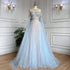 Serene Hill Blue A-Line Arabic Cape Sleeves O-Neck Bow Beaded Luxury Evening Dresses Gowns 2025 For Women Party LA71831 - SERENE HILL