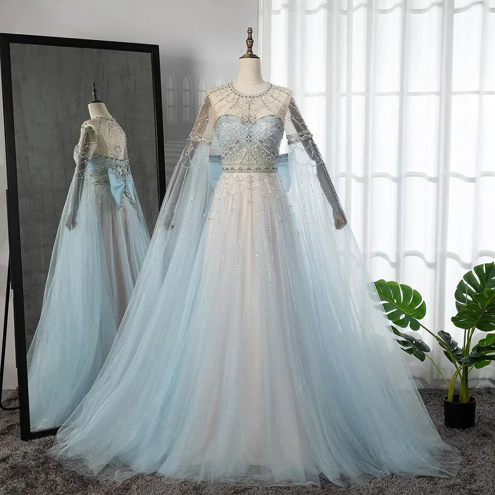 Serene Hill Blue A-Line Arabic Cape Sleeves O-Neck Bow Beaded Luxury Evening Dresses Gowns 2025 For Women Party LA71831 - SERENE HILL