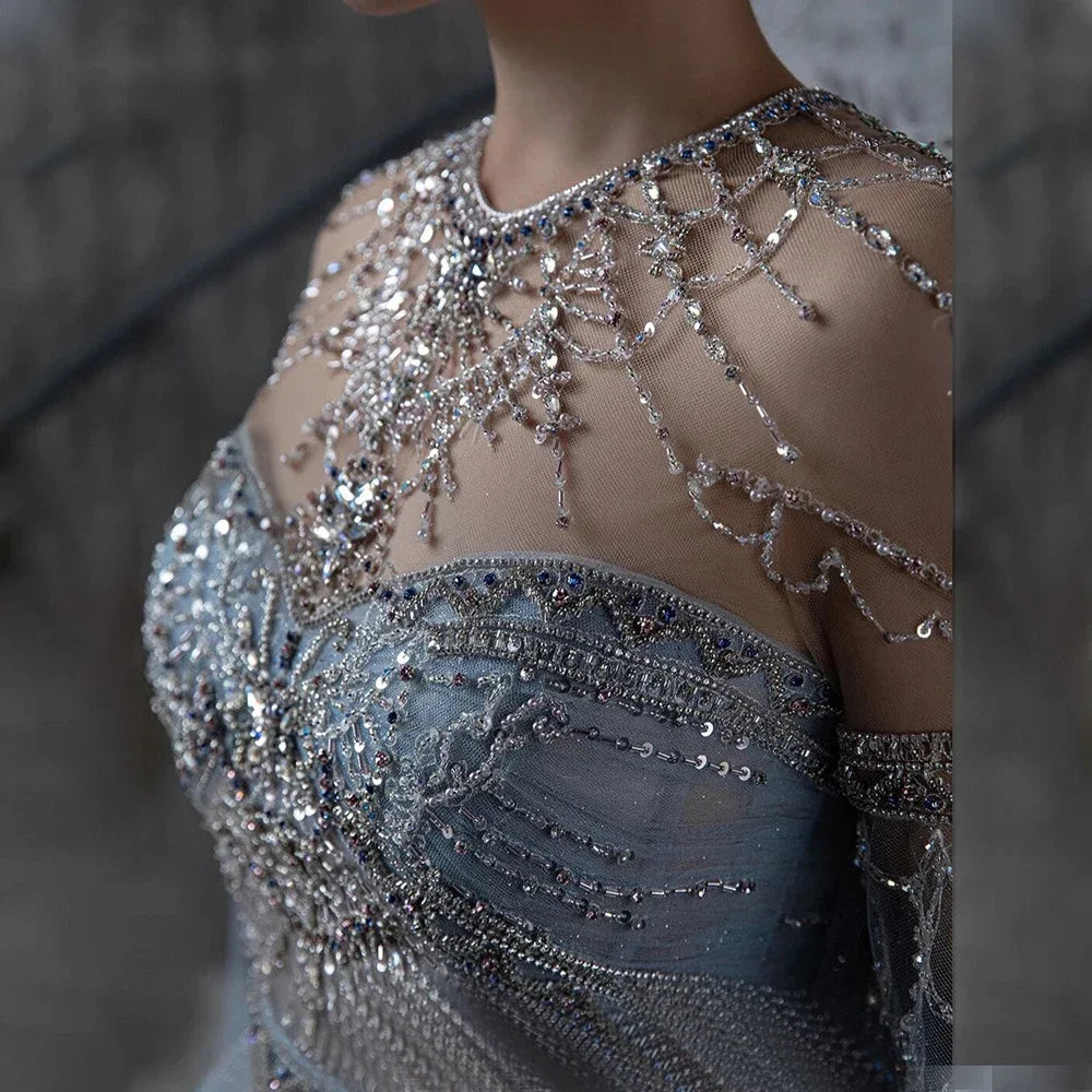 Serene Hill Blue A-Line Arabic Cape Sleeves O-Neck Bow Beaded Luxury Evening Dresses Gowns 2025 For Women Party LA71831 - SERENE HILL
