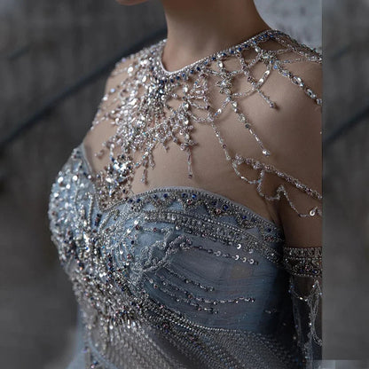Serene Hill Blue A-Line Arabic Cape Sleeves O-Neck Bow Beaded Luxury Evening Dresses Gowns 2025 For Women Party LA71831 - SERENE HILL