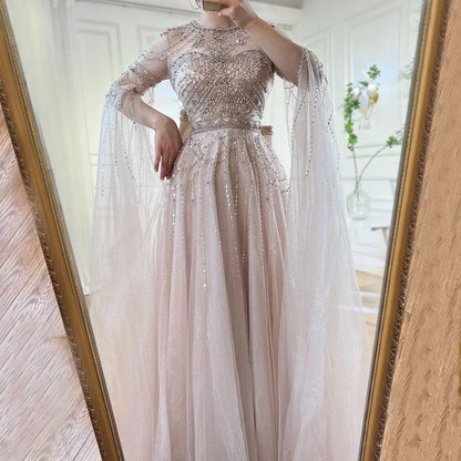 Serene Hill Blue A-Line Arabic Cape Sleeves O-Neck Bow Beaded Luxury Evening Dresses Gowns 2025 For Women Party LA71831 - SERENE HILL