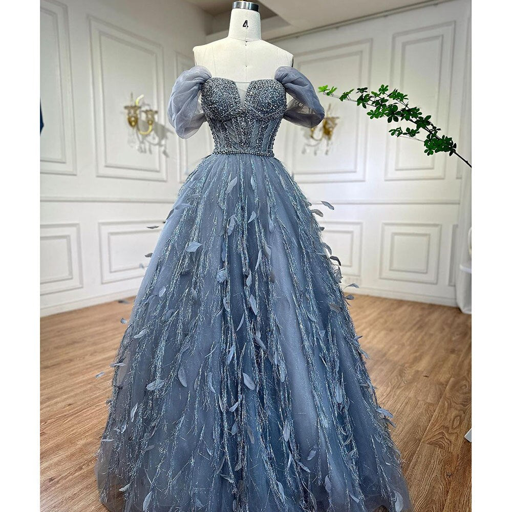 Serene Hill Blue A Line Sexy Off Shoulder Beaded Feathers Luxury Evening Dresses Gowns For Women Wedding Party 2025 LA72120 - SERENE HILL