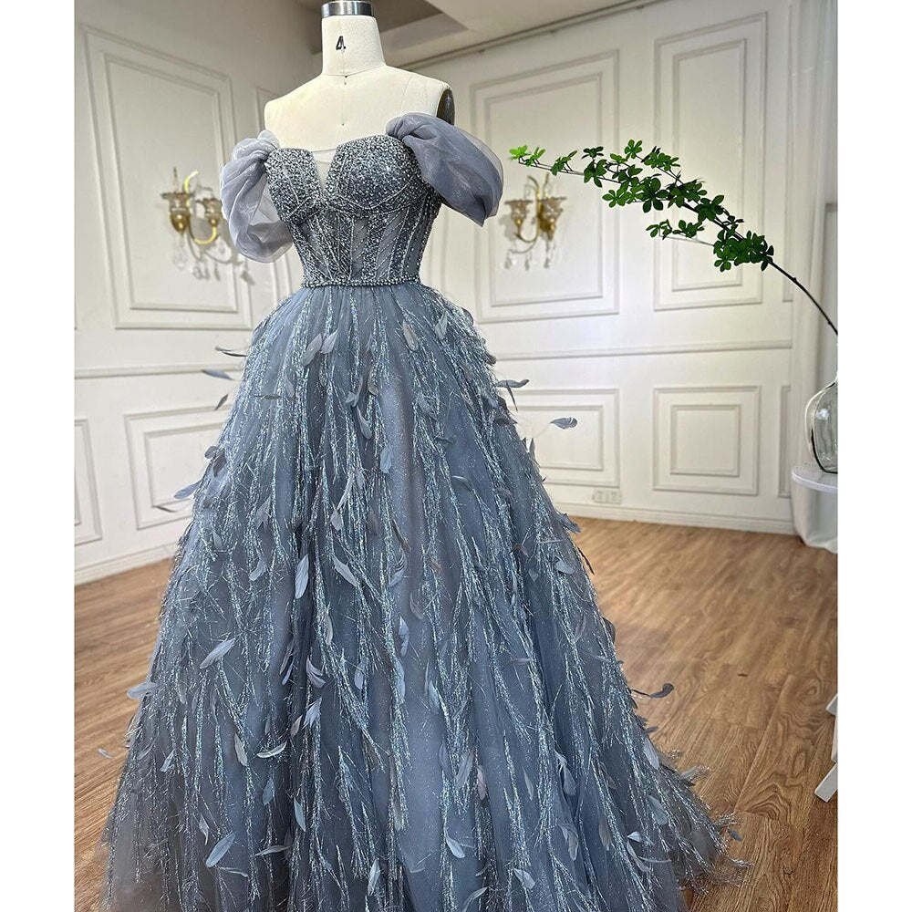 Serene Hill Blue A Line Sexy Off Shoulder Beaded Feathers Luxury Evening Dresses Gowns For Women Wedding Party 2025 LA72120 - SERENE HILL