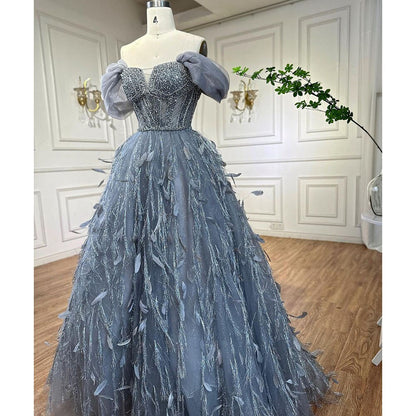 Serene Hill Blue A Line Sexy Off Shoulder Beaded Feathers Luxury Evening Dresses Gowns For Women Wedding Party 2025 LA72120 - SERENE HILL