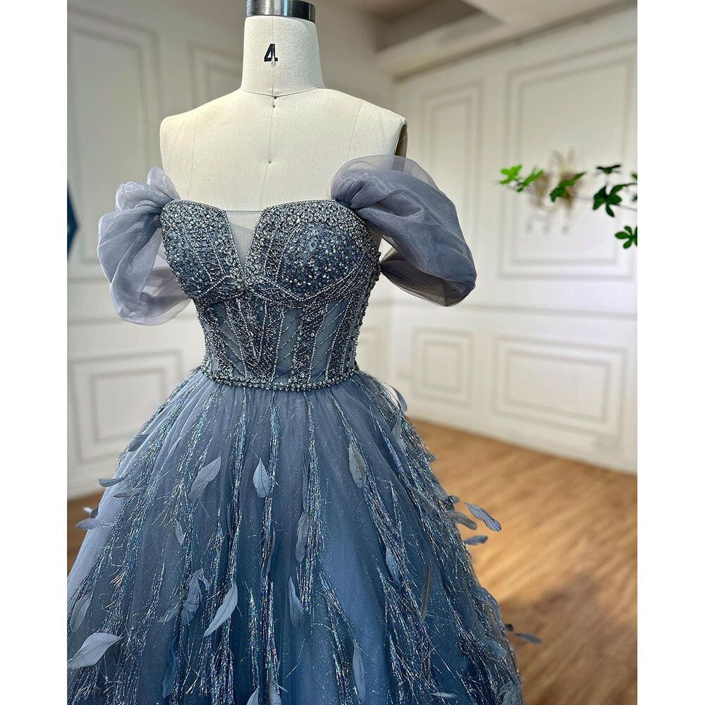 Serene Hill Blue A Line Sexy Off Shoulder Beaded Feathers Luxury Evening Dresses Gowns For Women Wedding Party 2025 LA72120 - SERENE HILL