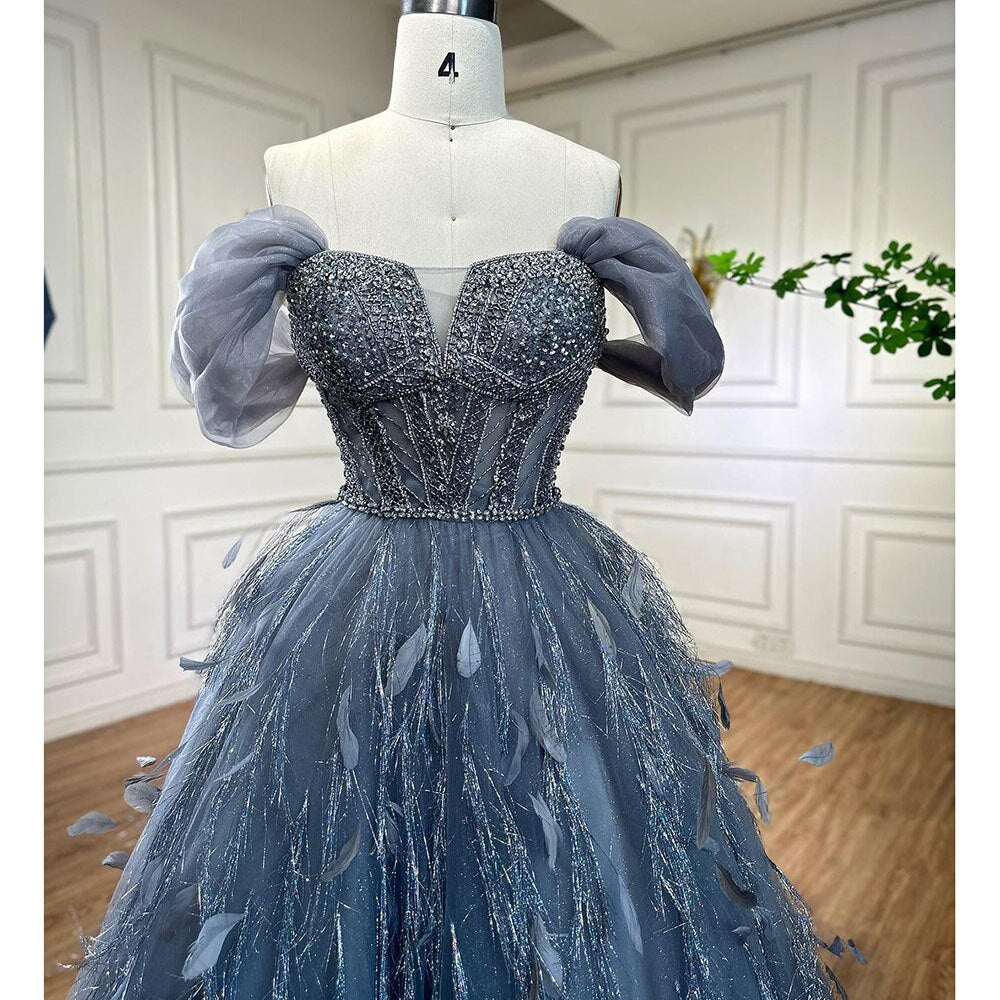 Serene Hill Blue A Line Sexy Off Shoulder Beaded Feathers Luxury Evening Dresses Gowns For Women Wedding Party 2025 LA72120 - SERENE HILL