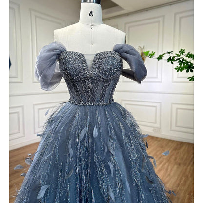 Serene Hill Blue A Line Sexy Off Shoulder Beaded Feathers Luxury Evening Dresses Gowns For Women Wedding Party 2025 LA72120 - SERENE HILL
