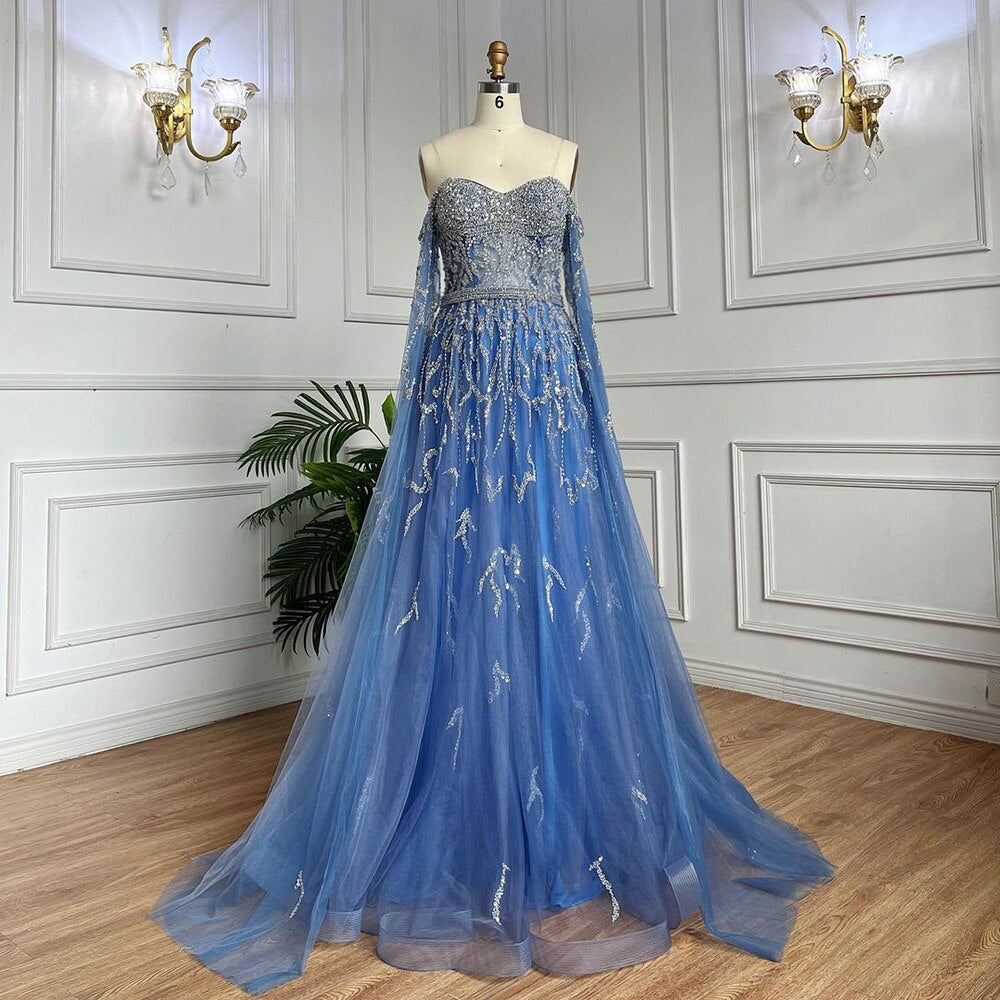 Serene Hill Blue A-Line Sexy Off Shoulder Cape Sleeves Beaded Luxury Evening Dresses Gowns For Women Arabic Party 2025 LA71836 - SERENE HILL