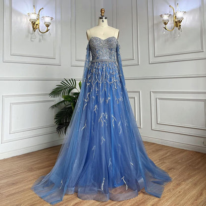 Serene Hill Blue A-Line Sexy Off Shoulder Cape Sleeves Beaded Luxury Evening Dresses Gowns For Women Arabic Party 2025 LA71836 - SERENE HILL