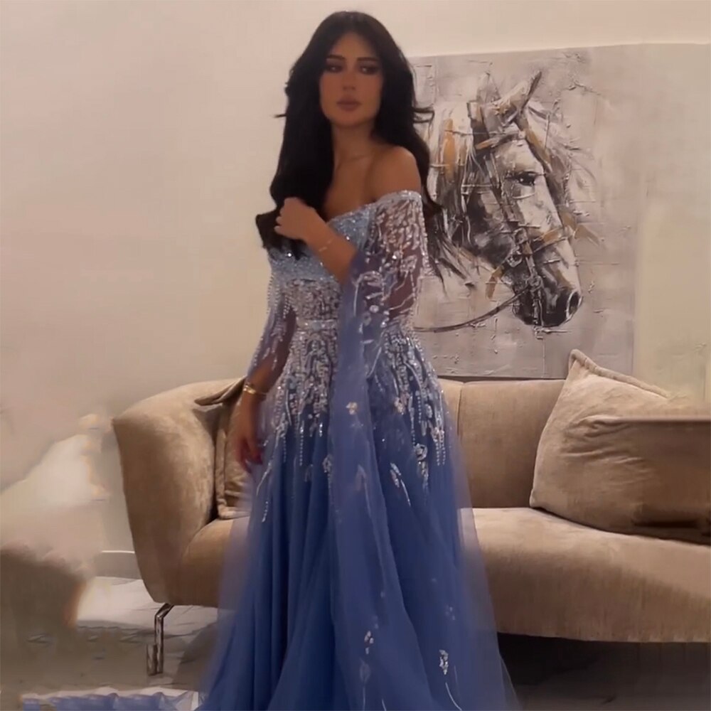 Serene Hill Blue A-Line Sexy Off Shoulder Cape Sleeves Beaded Luxury Evening Dresses Gowns For Women Arabic Party 2025 LA71836 - SERENE HILL