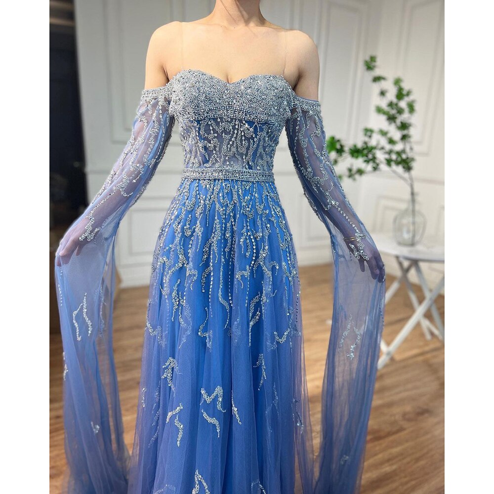 Serene Hill Blue A-Line Sexy Off Shoulder Cape Sleeves Beaded Luxury Evening Dresses Gowns For Women Arabic Party 2025 LA71836 - SERENE HILL