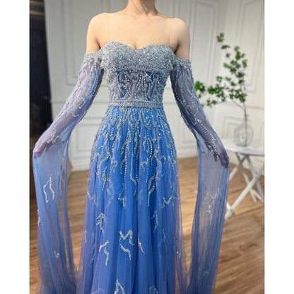 Serene Hill Blue A-Line Sexy Off Shoulder Cape Sleeves Beaded Luxury Evening Dresses Gowns For Women Arabic Party 2025 LA71836 - SERENE HILL
