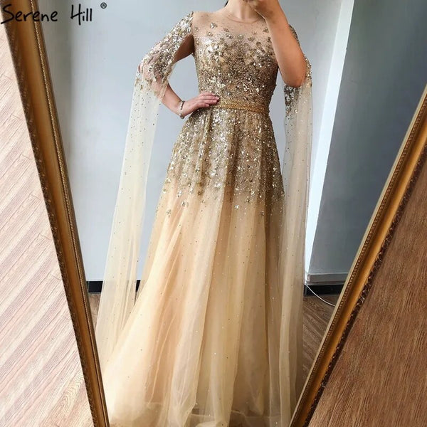 Serene Hill Dubai Arabic Gold Beaded Dubai Evening Dress With Cape Sleeves  LA70454