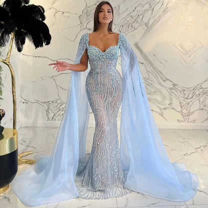 Blue Arabic Luxury Beaded Mermaid Evening Dress Gown with Cape Sleeves LA71715 - SERENE HILL
