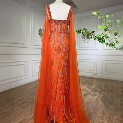 Blue Arabic Luxury Beaded Mermaid Evening Dress Gown with Cape Sleeves LA71715 - SERENE HILL