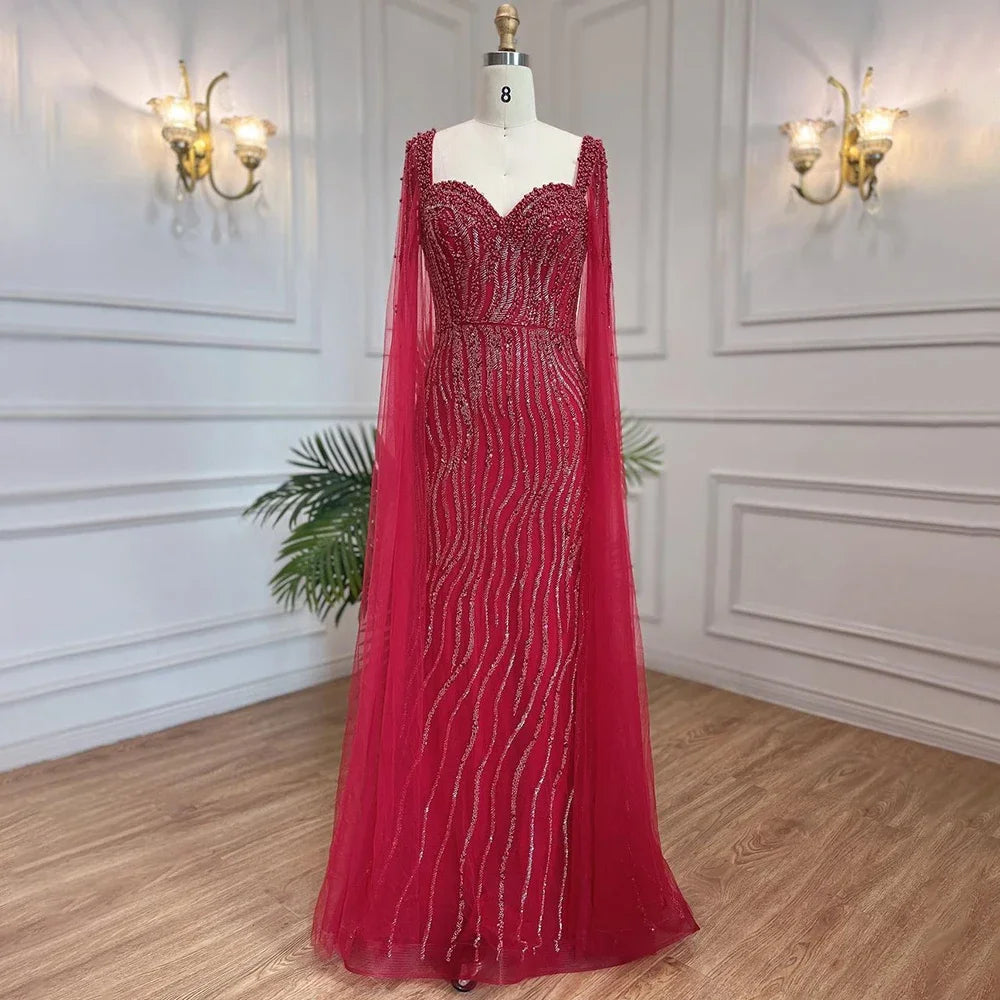 Blue Arabic Luxury Beaded Mermaid Evening Dress Gown with Cape Sleeves LA71715 - SERENE HILL