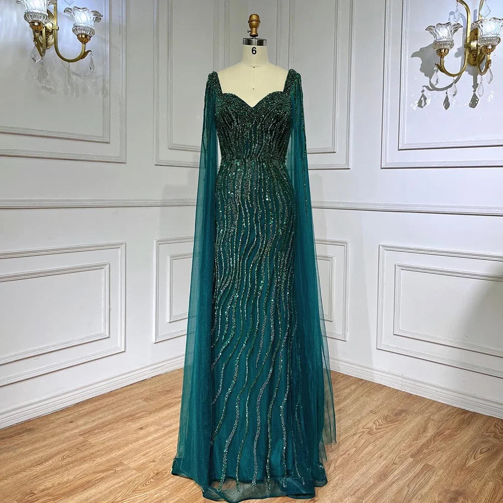 Blue Arabic Luxury Beaded Mermaid Evening Dress Gown with Cape Sleeves LA71715 - SERENE HILL