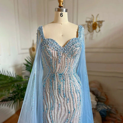 Blue Arabic Luxury Beaded Mermaid Evening Dress Gown with Cape Sleeves LA71715 - SERENE HILL