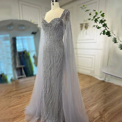 Blue Arabic Luxury Beaded Mermaid Evening Dress Gown with Cape Sleeves LA71715 - SERENE HILL