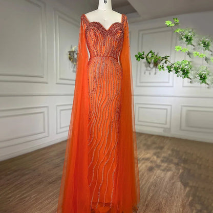 Blue Arabic Luxury Beaded Mermaid Evening Dress Gown with Cape Sleeves LA71715 - SERENE HILL