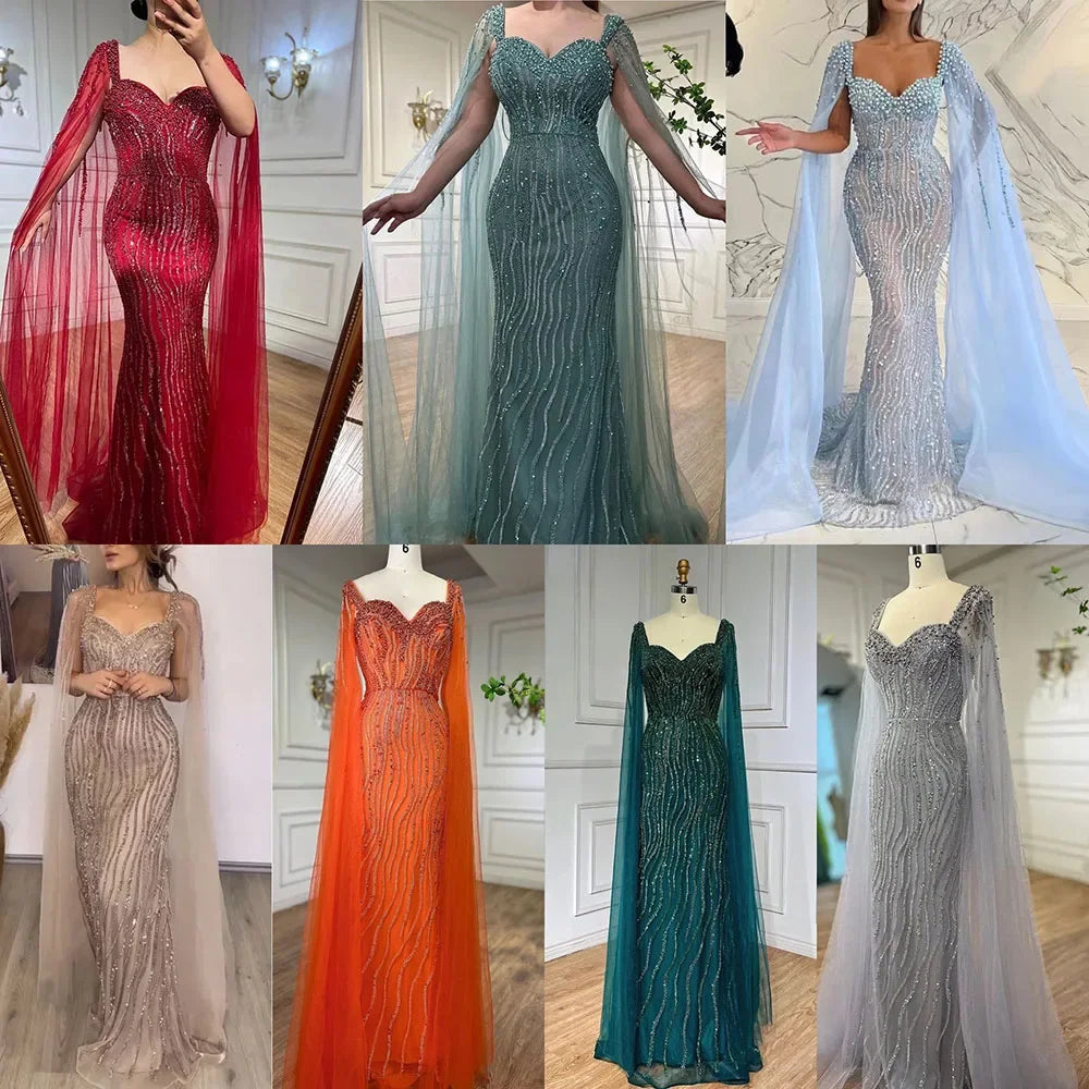 Blue Arabic Luxury Beaded Mermaid Evening Dress Gown with Cape Sleeves LA71715 - SERENE HILL