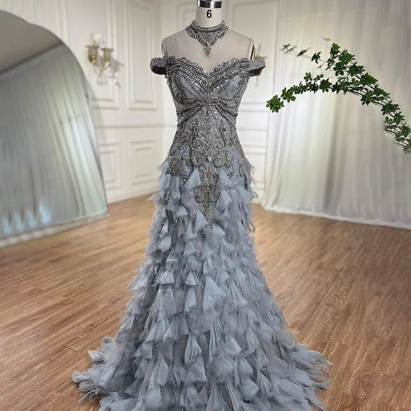 Serene Hill Blue Arabic Mermaid Luxury Evening Dresses Gowns Pearls Beaded Elegant For Woman Wedding Party 2025 LA72164