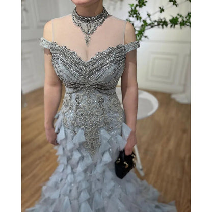 Serene Hill Blue Arabic Mermaid Luxury Evening Dresses Gowns Pearls Beaded Elegant For Woman Wedding Party 2025 LA72164 - SERENE HILL