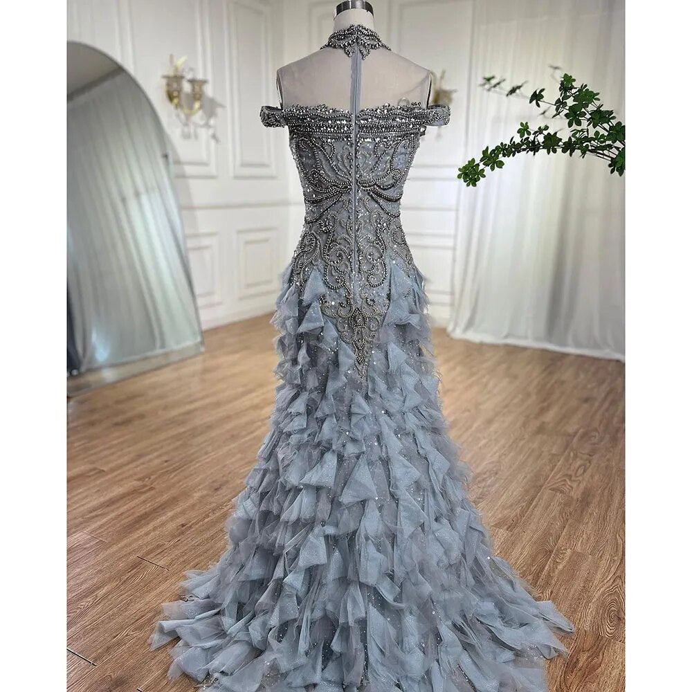 Serene Hill Blue Arabic Mermaid Luxury Evening Dresses Gowns Pearls Beaded Elegant For Woman Wedding Party 2025 LA72164 - SERENE HILL