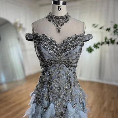 Serene Hill Blue Arabic Mermaid Luxury Evening Dresses Gowns Pearls Beaded Elegant For Woman Wedding Party 2025 LA72164 - SERENE HILL