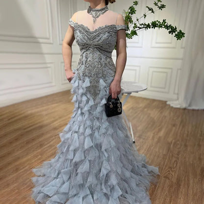 Serene Hill Blue Arabic Mermaid Luxury Evening Dresses Gowns Pearls Beaded Elegant For Woman Wedding Party 2025 LA72164 - SERENE HILL