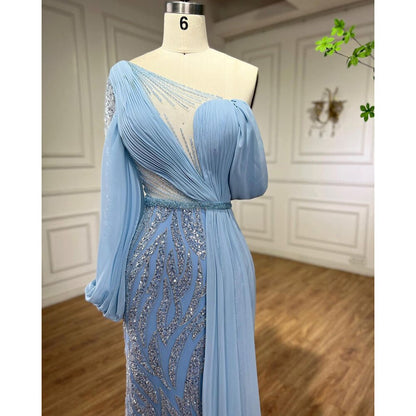 Serene Hill Blue Beaded Mermaid Evening Dresses Elegant Long Arabic Formal Gowns for Women Wedding Party 2025 LA72103 - SERENE HILL