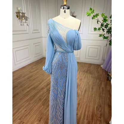Serene Hill Blue Beaded Mermaid Evening Dresses Elegant Long Arabic Formal Gowns for Women Wedding Party 2025 LA72103 - SERENE HILL