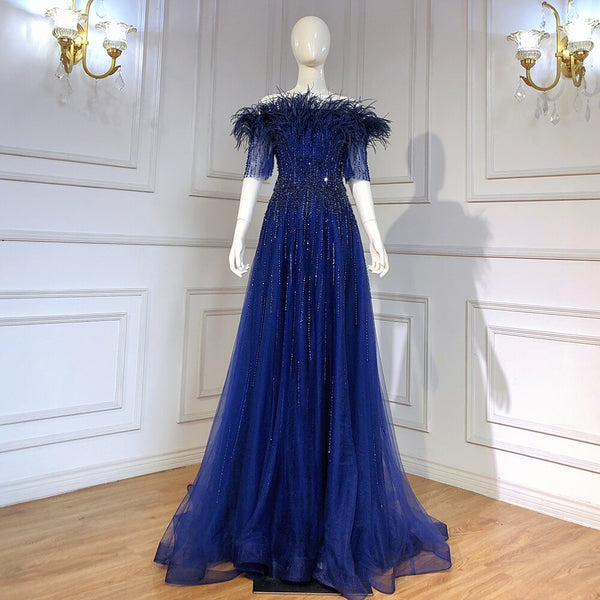 Serene Hill Blue Boat Neck Luxury Evening Dresses Gowns 2025 Short Sleeves Beaded Feather A-Line For Women Party  LA71524