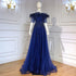 Serene Hill Blue Boat Neck Luxury Evening Dresses Gowns 2025 Short Sleeves Beaded Feather A-Line For Women Party LA71524 - SERENE HILL