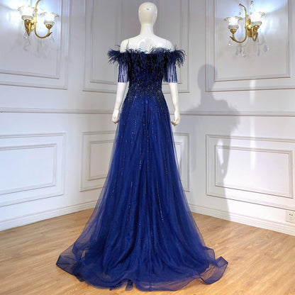 Serene Hill Blue Boat Neck Luxury Evening Dresses Gowns 2025 Short Sleeves Beaded Feather A-Line For Women Party LA71524 - SERENE HILL
