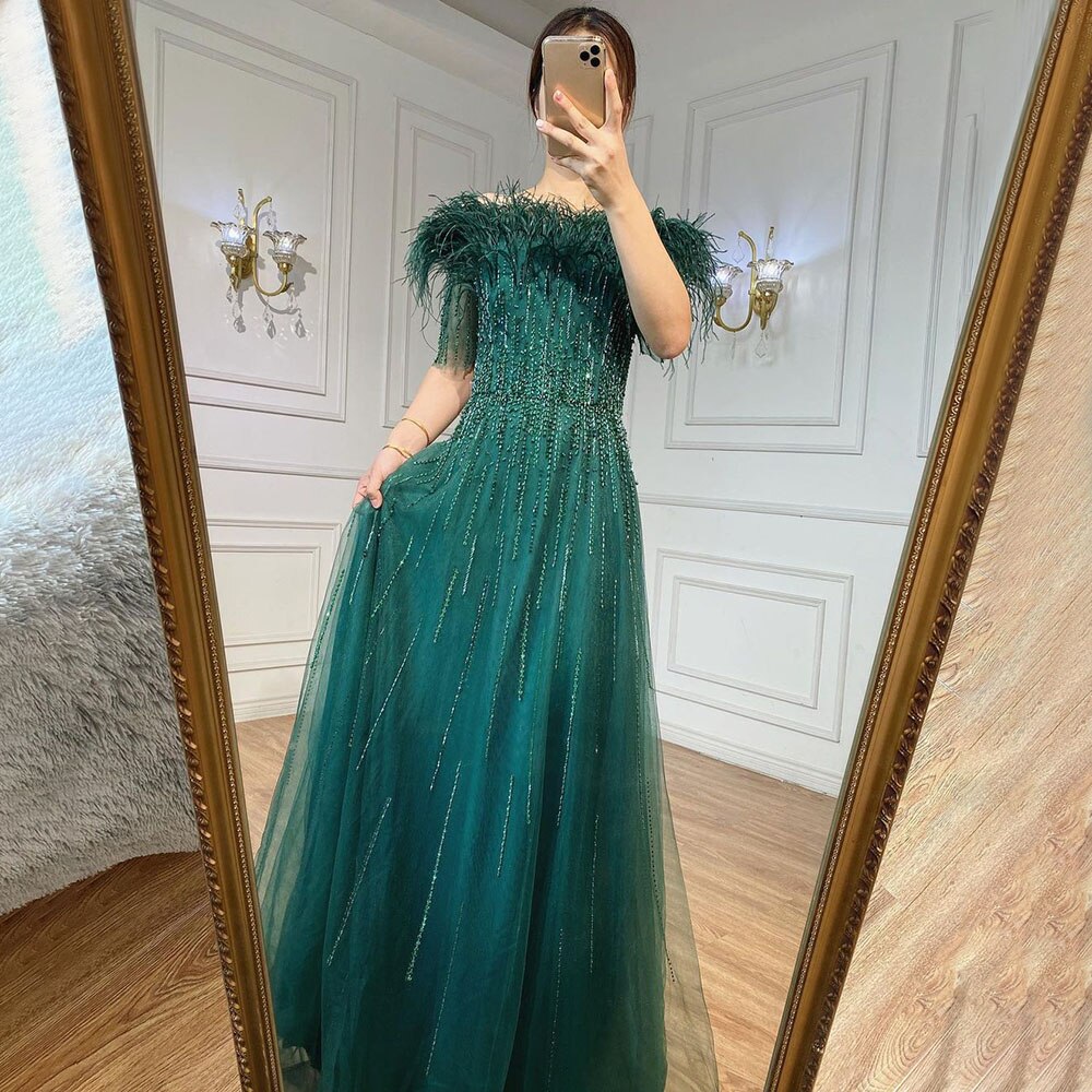 Serene Hill Blue Boat Neck Luxury Evening Dresses Gowns 2025 Short Sle   SERENE HILL